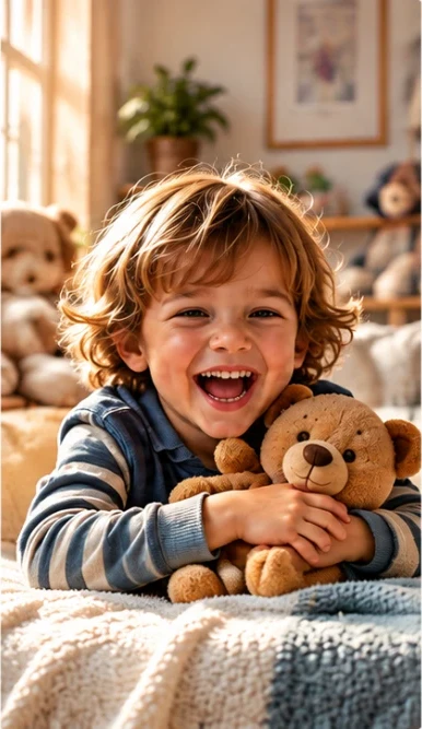 Calm child hugging a teddy bear