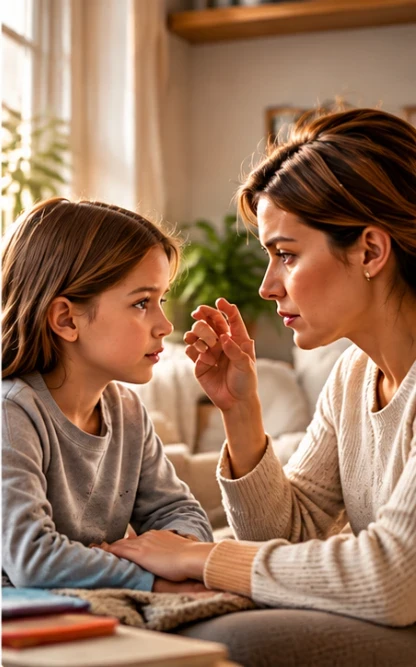 Parent talking calmly with child at eye level